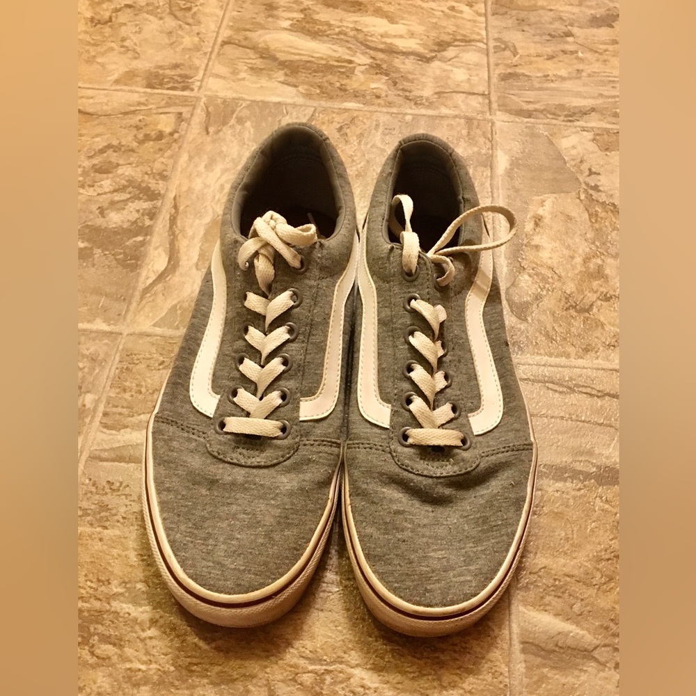 Grey Vans skate shoes, lightly used. Cute maroon and white details on side! W 9